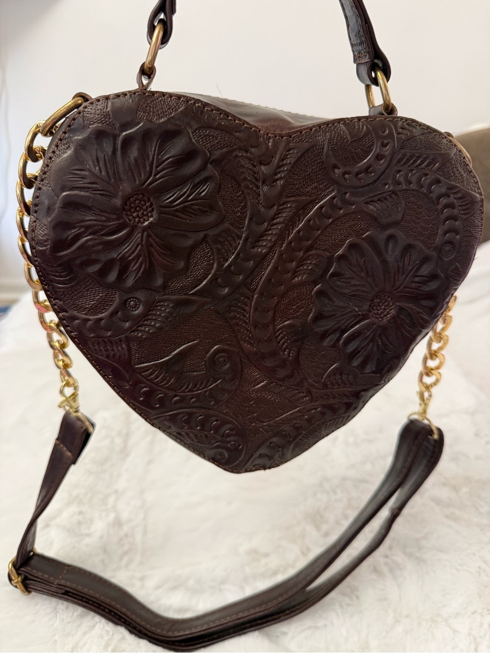 Piel Fina Valentina Heart Crossbody Bag Brown Embossed Leather Western Boho